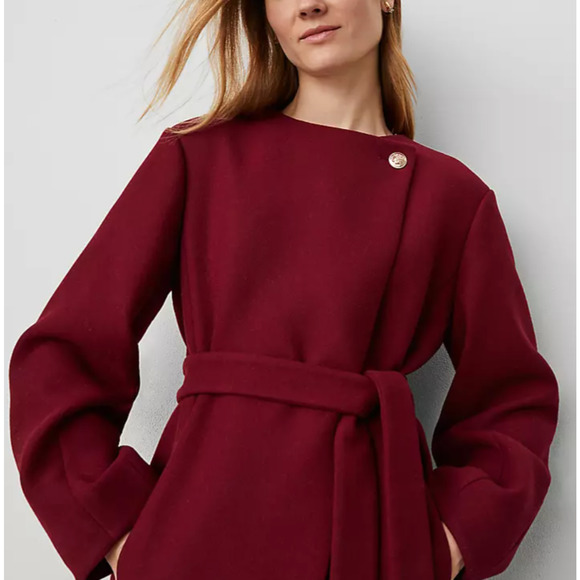 Ann Taylor NWOT Tie Waist Coat Wool Deep Red Wine Burgundy XXL - Picture 6 of 6